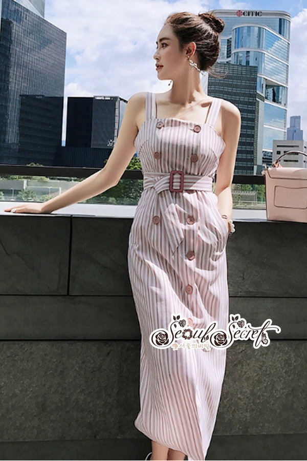 เดรสลายริ้วสีชมพูหวานๆดีเทลทรงสายเดี่ยว
