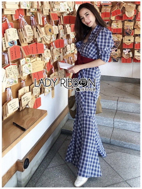 Dress with Red Ribbon เชิ้ตเดรสยาวลายสก็อตสีนํ้าเงิน