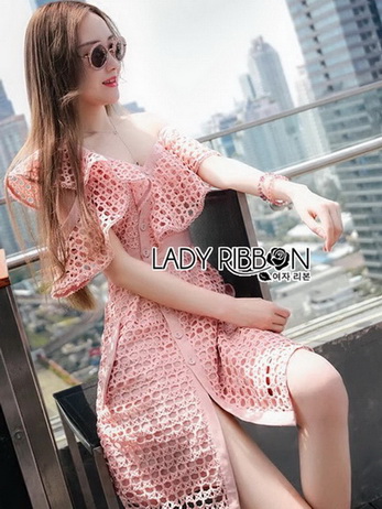 🎀 Lady Ribbon's Made 🎀 Lady Carlie Off-Shoulder Button-Down Bubblegum Pink Lace Dress