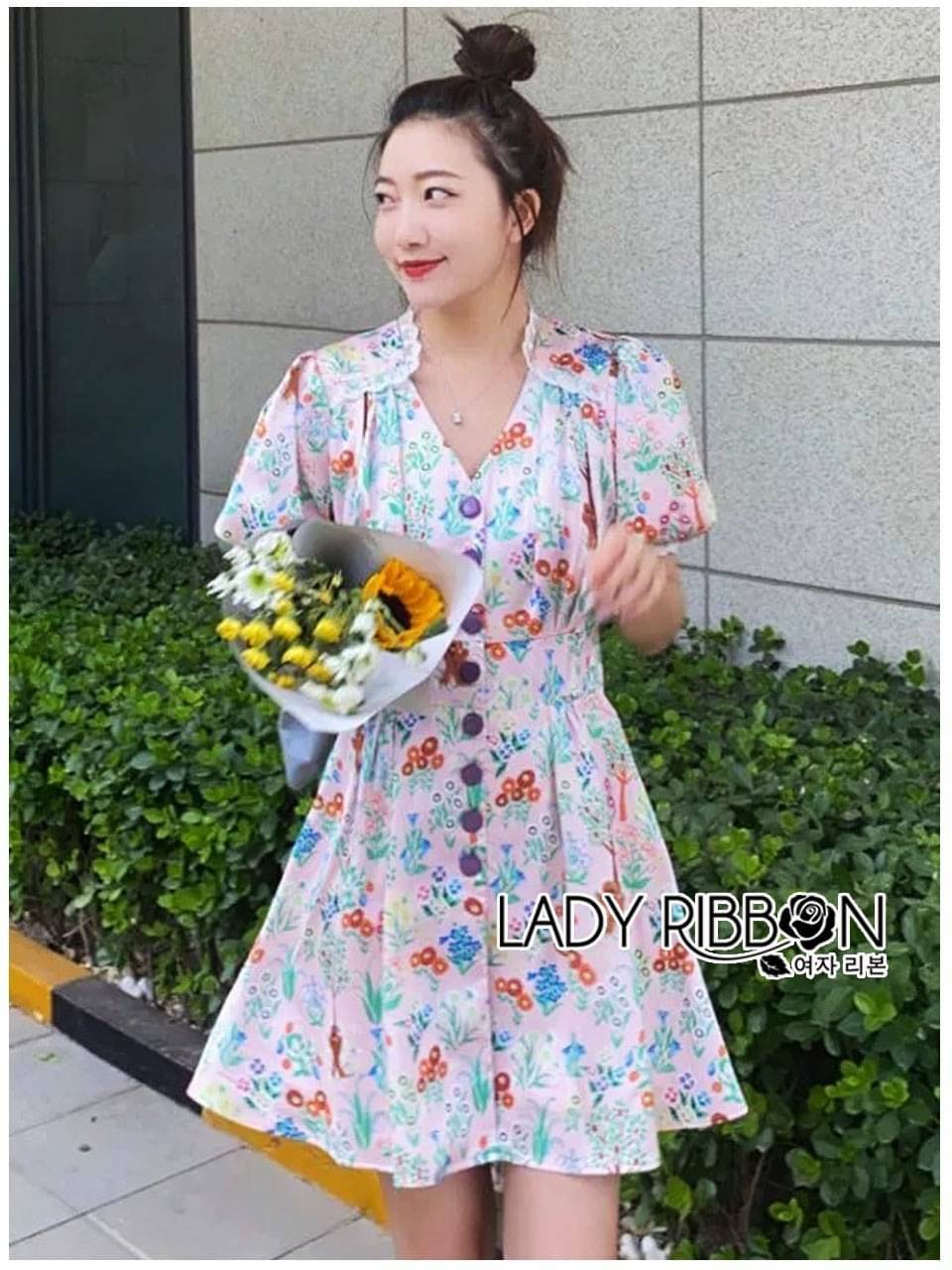 เดรสสั้นผ้าเครปพิมพ์ลายดอกไม้สีสดใส