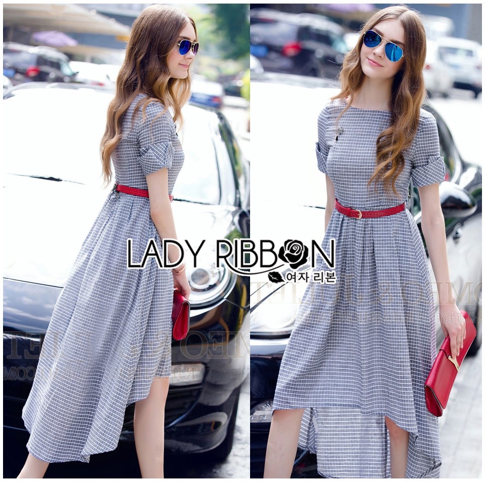 🎀 Lady Ribbon's Made 🎀 ขายส่ง Lady Sara Minimal Asymmetric Grey Dress with Red Belt ขายส่งเดรสยาว