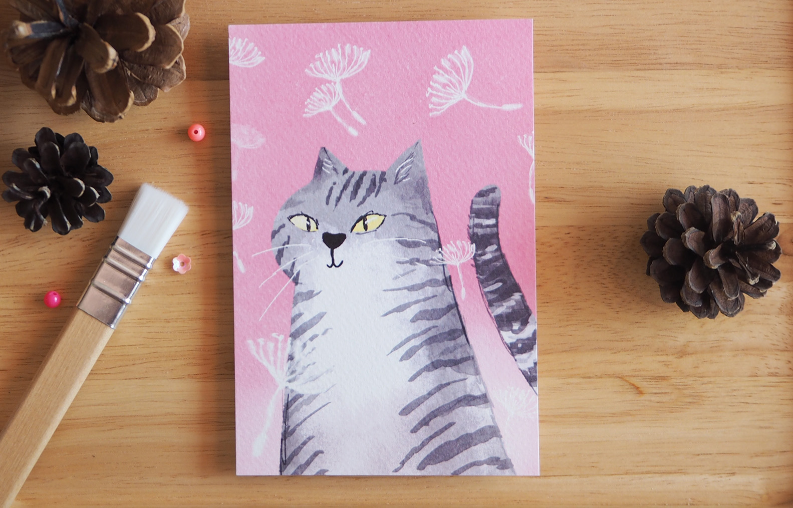 โปสการด์ ลายแมวเทาดอกหญ้า illustration postcard 4x6 inch