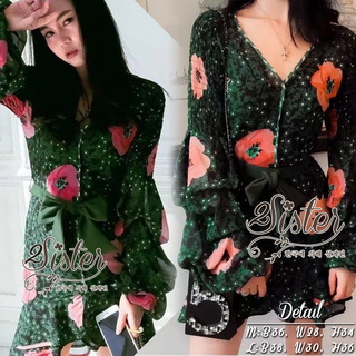 2Sister Made, Emerald Green Cuties Dress เดรสสั้น ผ้าchiffonพริ้วบางเบาพิมพ์ลายดอกสวยทั้งตัว