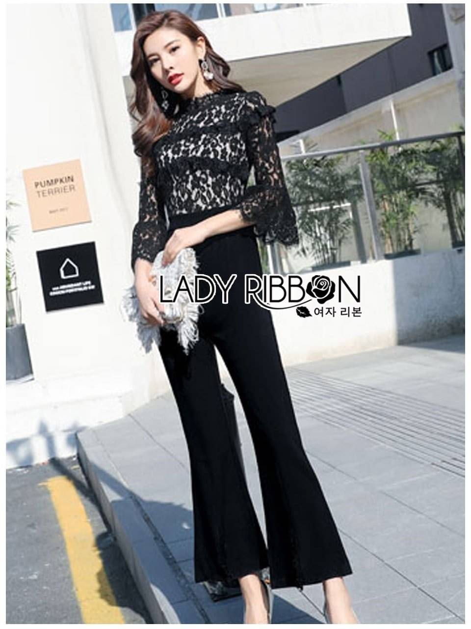 Jumpsuit จัมป์สูทผ้าลูกไม้และกางเกงทรงขาบานสีดำ