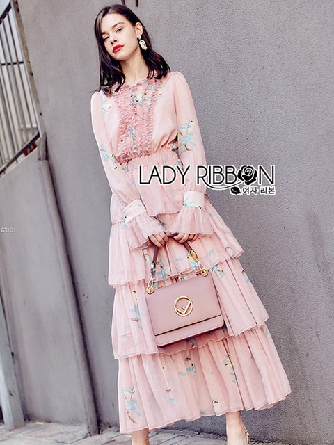 เดรสผ้าชีฟองสีชมพูพิมพ์ลายตกแต่งเลเยอร์