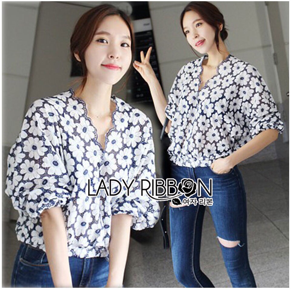 Lad Ribbon ขายส่ง LR06260516 🎀 Lady Ribbon's Made 🎀 Lady Rosie Feminine Flower Embroidered and Laser-Cut Cotton Blouse