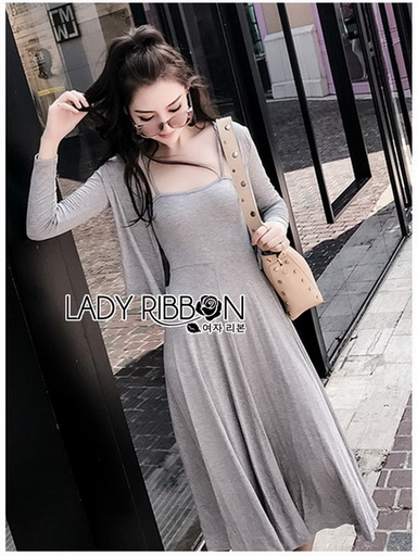 Chic Grey Cotton Lady Ribbon Dress