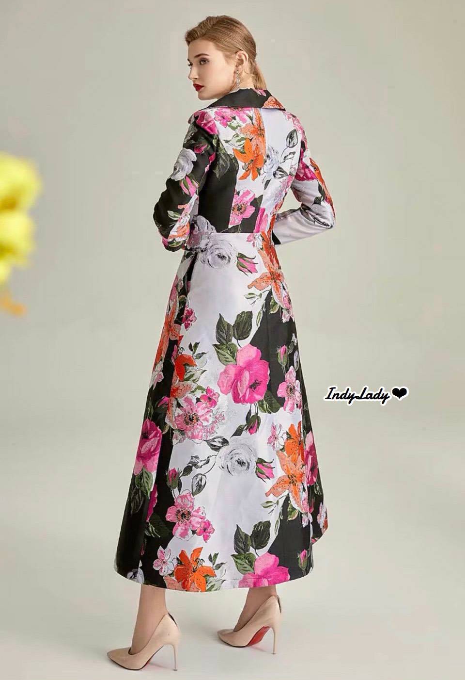 Dress คอปกแขนยาวทอลายดอกไม้