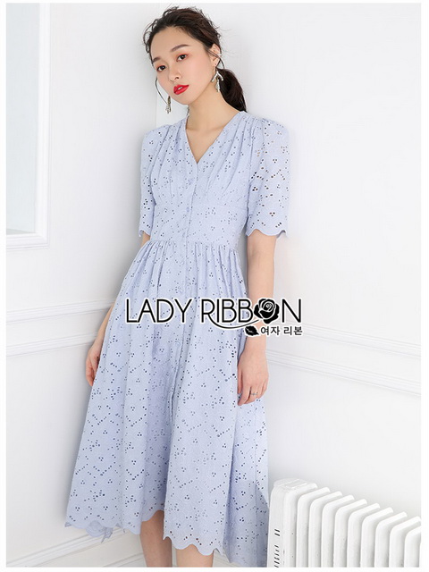 Dress เดรสผ้าคอตตอนสีฟ้าอ่อนปักและฉลุลาย