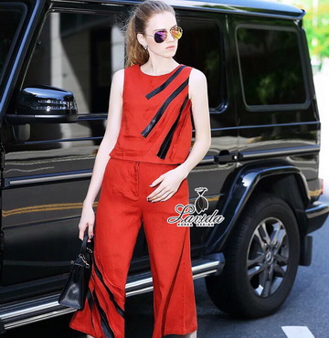 Lady Ribbon Online ขายส่ง เสื้อผ้าออนไลน์ ของแท้ LV06040716 🍭Korea Design By Lavida fashionable black striped sleeveless top long pants chic red set