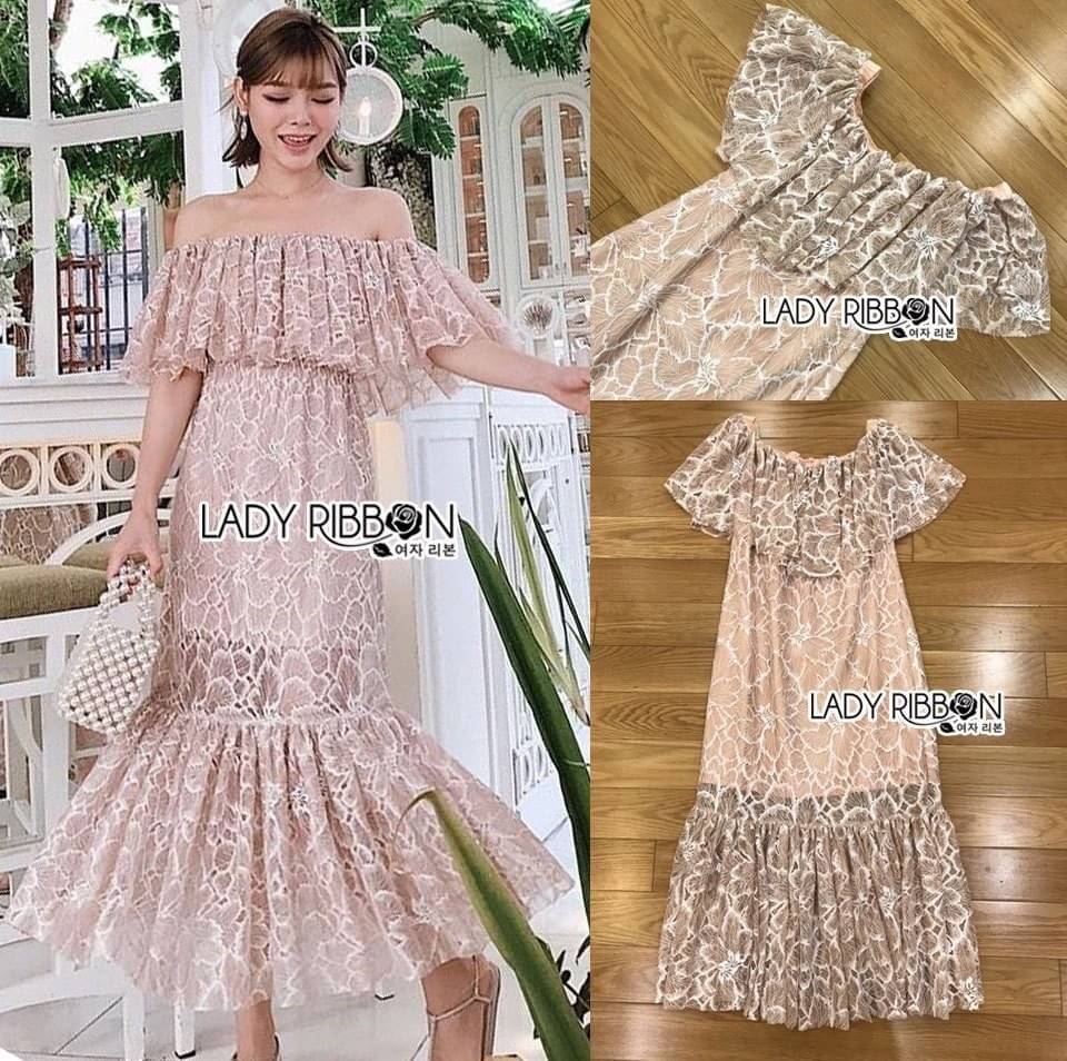 รสยาวผ้าลูกไม้สีนู้ดทรงเปิดไหล่