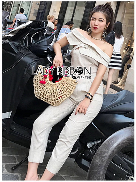 จัมป์สูทผ้าลินินทรงเปิดไหล่ตกแต่งเลเยอร์