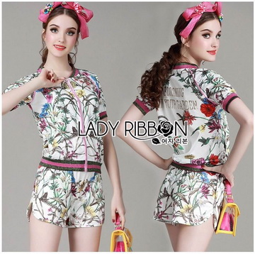 Lady Ribbon Online ขายส่งเสื้อผ้าออนไลน์ เลดี้ริบบอน LR04280716 🎀 Lady Ribbon's Made 🎀 Gucci Sweet Sporty Floral Printed Jacket and Shorts Set