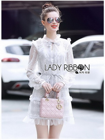 Mini Dress เดรสผ้าลูกไม้สีขาวตกแต่งริบบิ้น