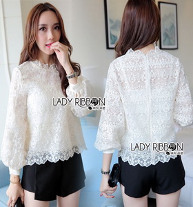 Lady Ribbon Classic Sweet Lace Blouse เสื้อผ้าลูกไม้สีขาว