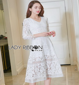 Lady Ribbon Vanessa Classic Feminine White Lace Midi Dress