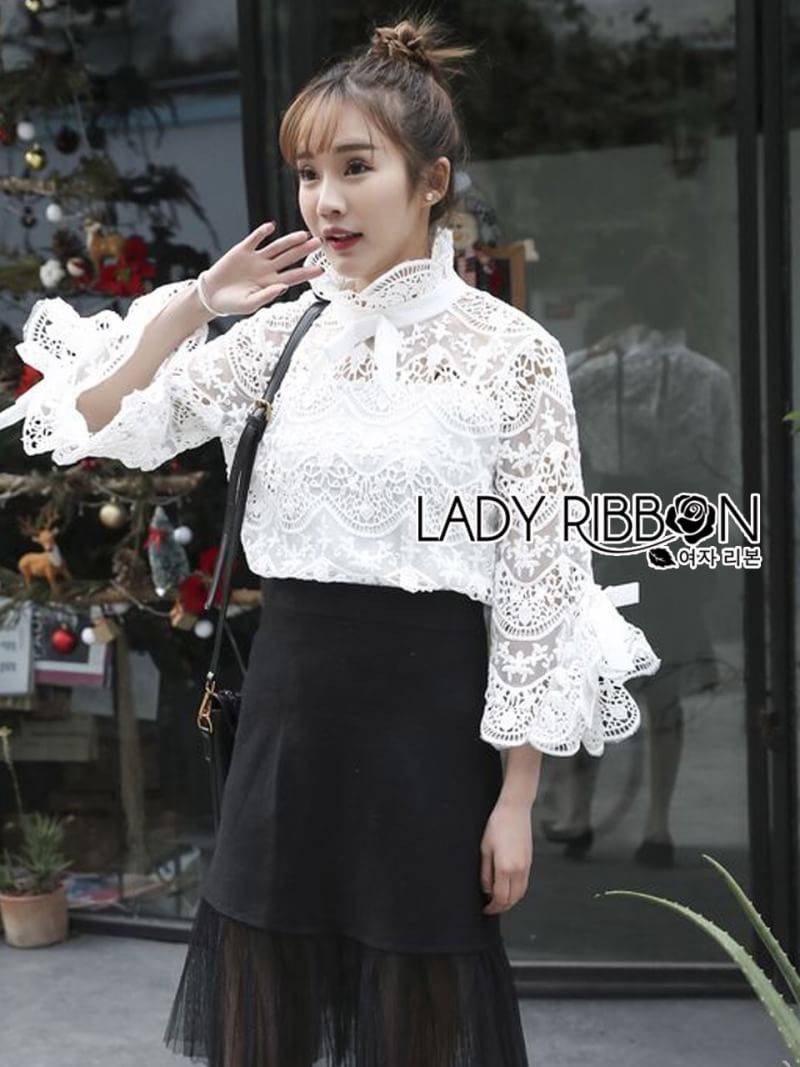 เสื้อลูกไม้สไตล์โมเดิร์นวินเทจ คอประดับโบ