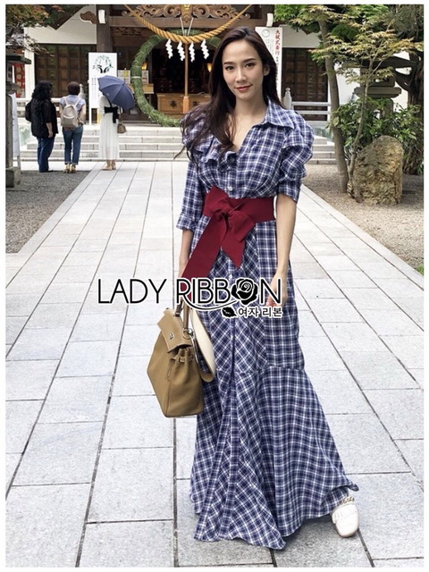 Dress with Red Ribbon เชิ้ตเดรสยาวลายสก็อตสีนํ้าเงิน