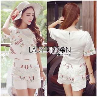 Lady Ribbon Online ขายส่งเสื้อผ้าออนไลน์ Lady Ribbon พร้อมส่งLR16040816 🎀 Lady Ribbon's Made 🎀 Lady Jennifer Natural Flower Embroidered Cotton Set เซ็ตเสื้อและกางเกง