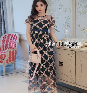 Lady Ribbon Pink Flower Embroidered Navy Tulle Maxi Dress