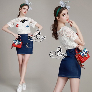 Lady Ribbon Online ขายส่งเสื้อผ้าออนไลน์ เสื้อผ้า Sevy SV14030816 🎉Sevy Two Pieces Of Embroidered Lace Blouse With Denim Skirt Sets