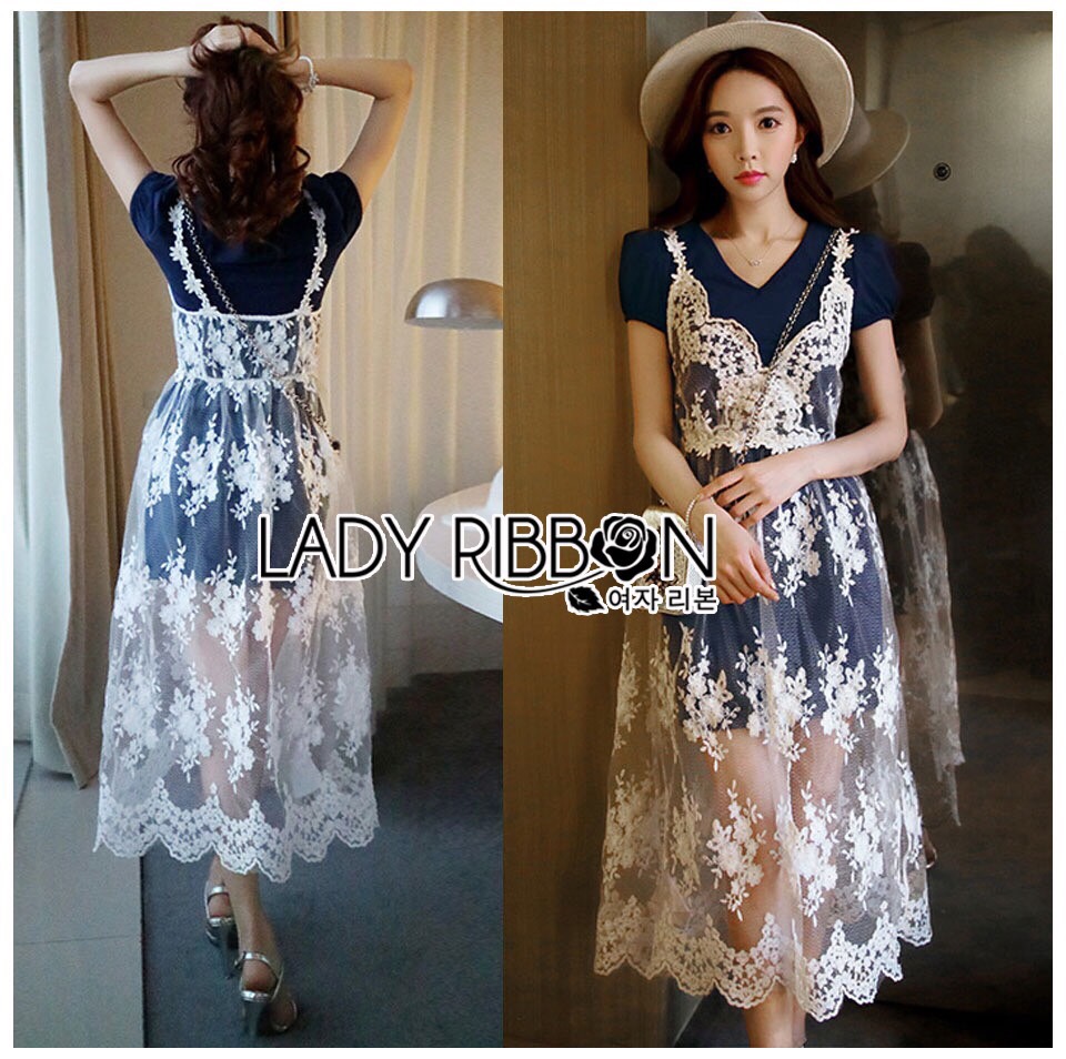 Lady Ribbon Online เสื้อผ้า ออนไลน์ ขายส่ง LR17230616 🎀 Lady Ribbon's Made 🎀 Lady Christie Sweet Modern Jersey Cotton Dress on top with White Lace Dress เ