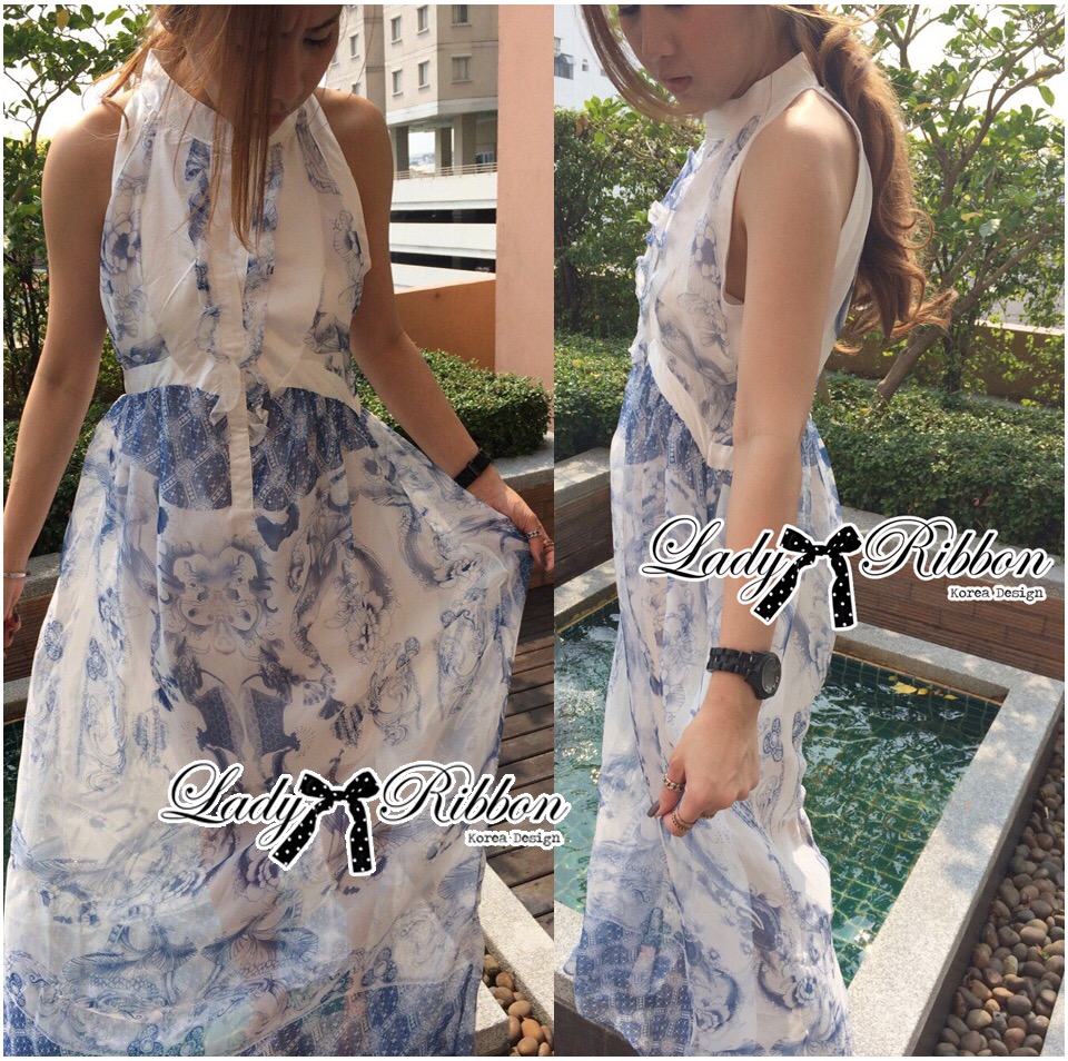 Ladyribbon Lady Ribbon เสื้อผ้าพร้อมส่ง เสื้อผ้า Lady Ribbon พร้อมส่ง เลดี้ริบบอน LR16260216🎀 Lady Ribbon's Made 🎀 Lady Emma Sexy Summer Blue Print Maxi Dress