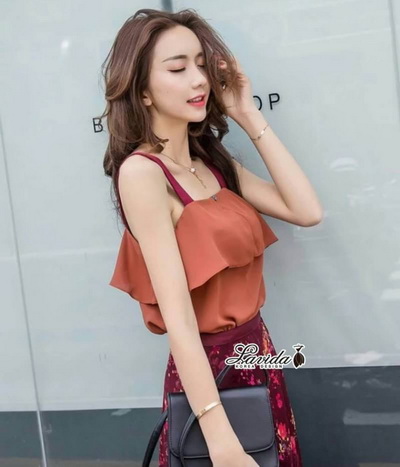 เซตเสื้อกระโปรง เสื้อสายเดี่ยวสีส้มอิฐ