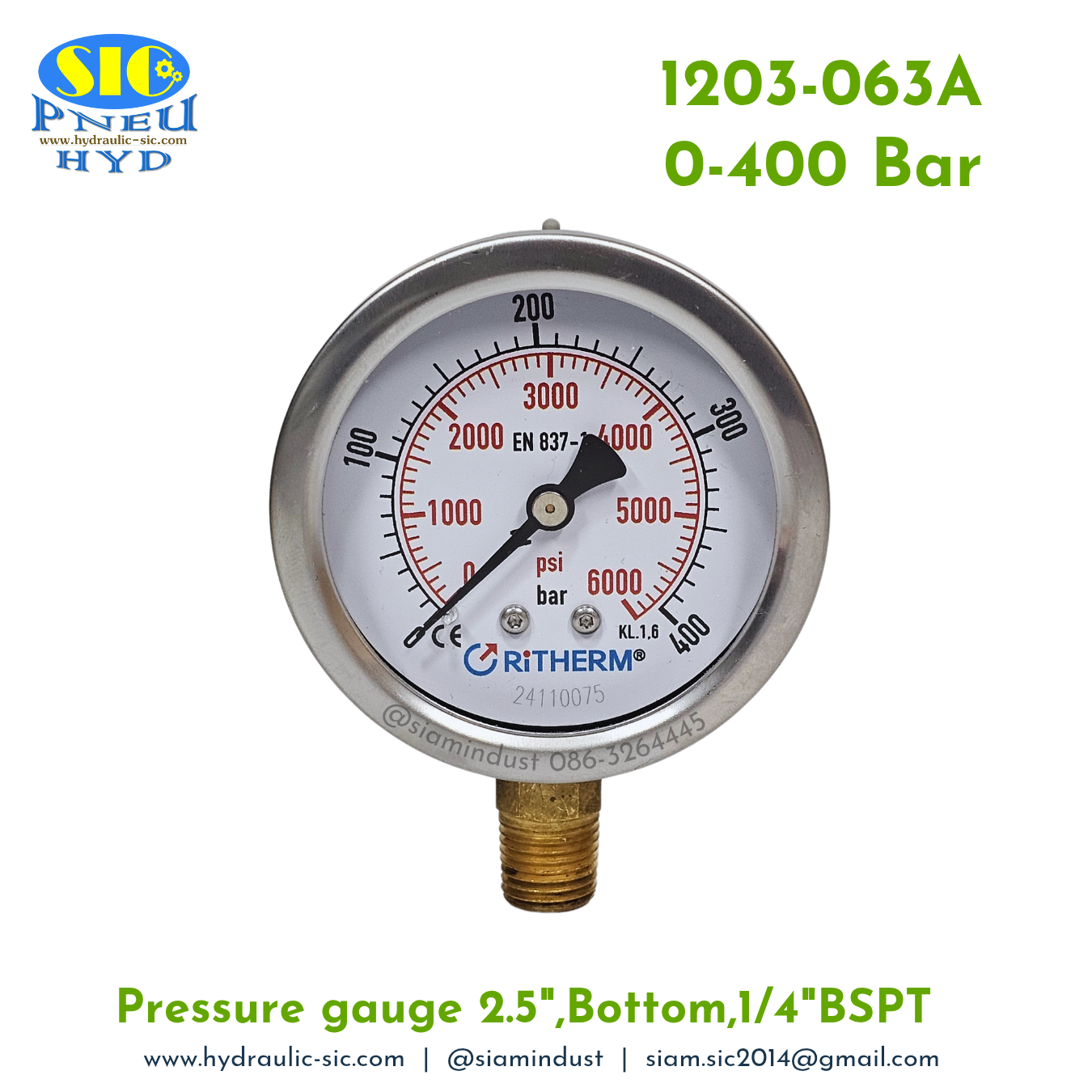 1203-063A Pressure Gauge เกจวัดแรงดันหน้าปัด 2.5" เกลียว 1/4"BSPT ออกข้าง RiTHERM
