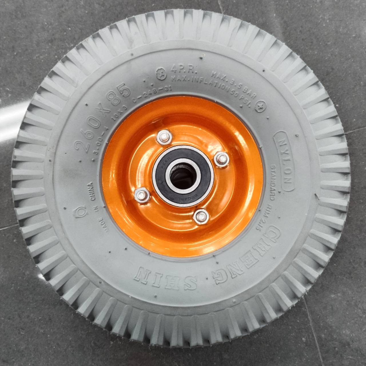 ยางนอกพร้อมยางใน+กระทะล้อ 260x85 (3.00-4) 4PR ยี่ห้อ CHENG SHIN