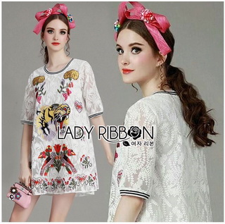 Lady Ribbon Online ขายส่งเสื้อผ้าออนไลน์ Lady Ribbon พร้อมส่ง LR12040816 🎀 Lady Ribbon's Made 🎀 Lady Mia Imaginary Tiger Embroidered White Lace Dress