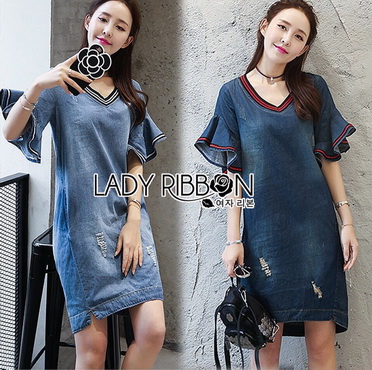 Lady Ribbon Online ขายส่ง เสื้อผ้าออนไลน์ ของแท้ LR10040716 🎀 Lady Ribbon's Made 🎀 Lady Ashley Smart Casual Ruffle-Sleeve Denim Dress