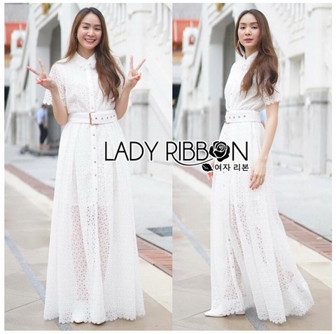 ชิ้ตเดรสผ้าลูกไม้สีขาวพร้อมเข็มขัด