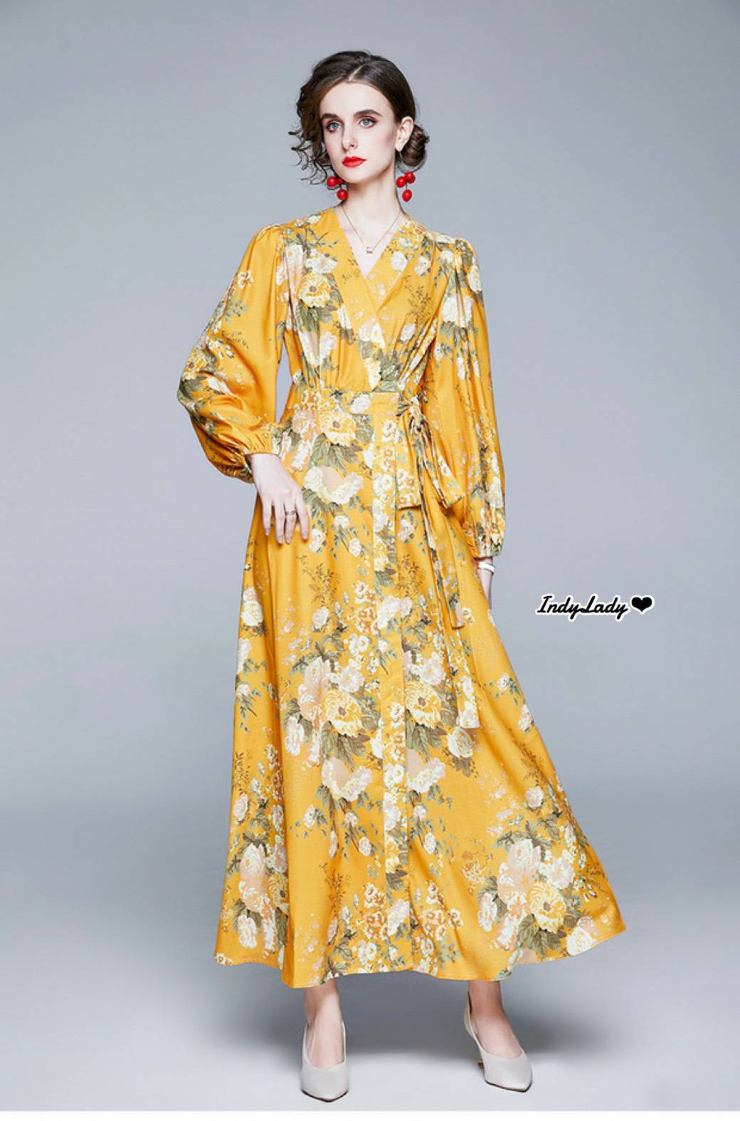Dress ทรงสวยไขว้หน้าแขนยาวพอง
