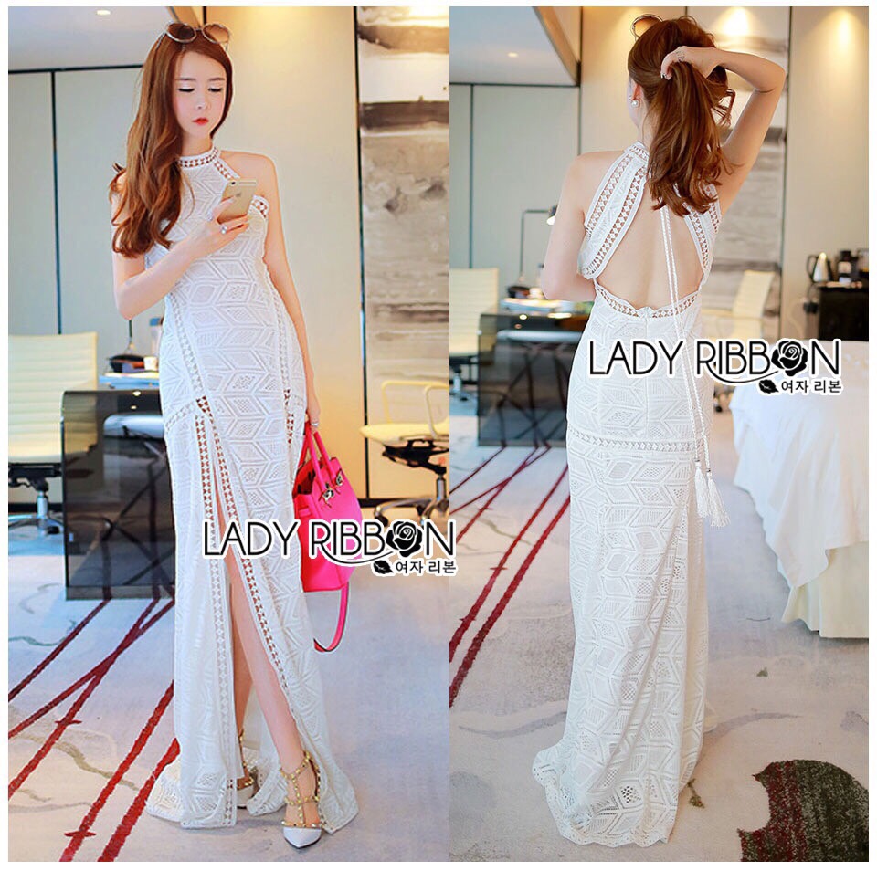เสื้อผ้า : Lady Ribbon LB02160516 🎀 Lady Ribbon's Made 🎀 Lady Nicole Sexy Chic High-Neck Graphic Lace Maxi Dres