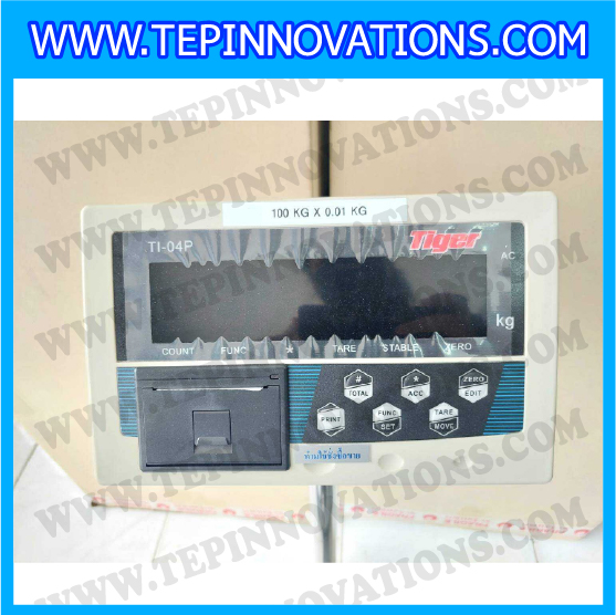 เครื่องชั่งน้ำหนักดิจิตอล พร้อมปริ้นเตอร์ในตัว พิกัด100kg ค่าละเอียด 10g ยี่ห้อ TIGER รุ่น TI-04P ขนาดแท่น 40x50cm. เครื่องชั่งแบบ Build in Printer