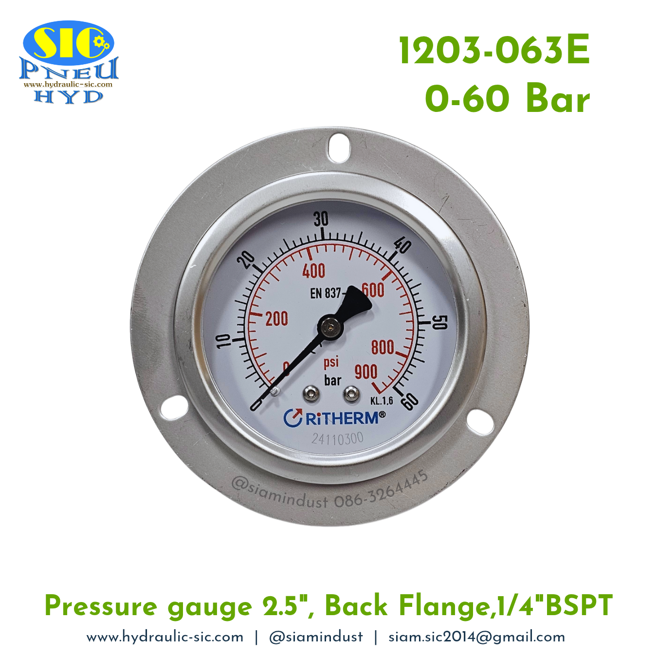 1203-063E Pressure Gauge เกจวัดแรงดันหน้าปัด 2.5" เกลียว 1/4" BSPT ออกหลัง RiTHERM