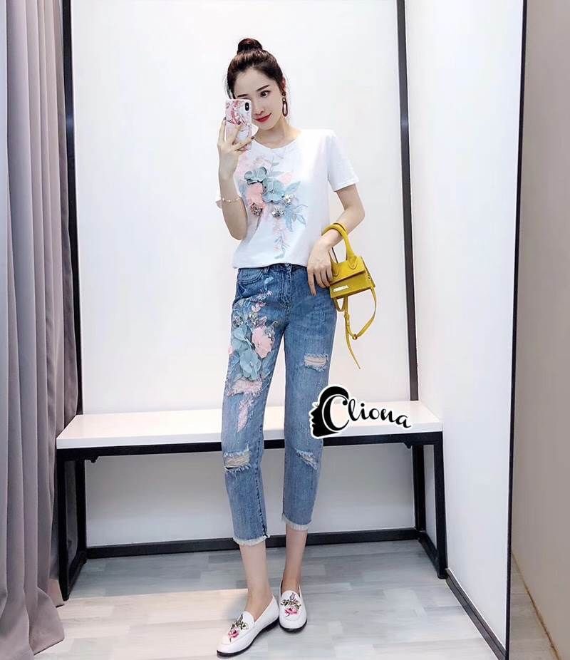 เซ็ทยีนส์ เสื้อ+กางเกง เสื้อยืดแขนสั้นผ้า