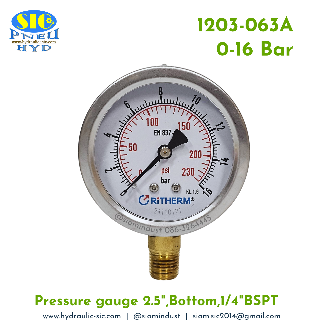 1203-063A Pressure Gauge เกจวัดแรงดันหน้าปัด 2.5" เกลียว 1/4"BSPT ออกข้าง RiTHERM
