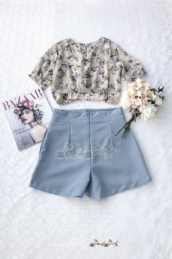 เสื้อเชิ๊ทเนื้อผ้าชีฟองแบบโปร่งพิมพ์ลายดอกไม้สีฟ้า