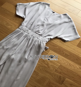 Lady Ribbon Pale-Grey Jumpsuit จัมป์สูทขายาว