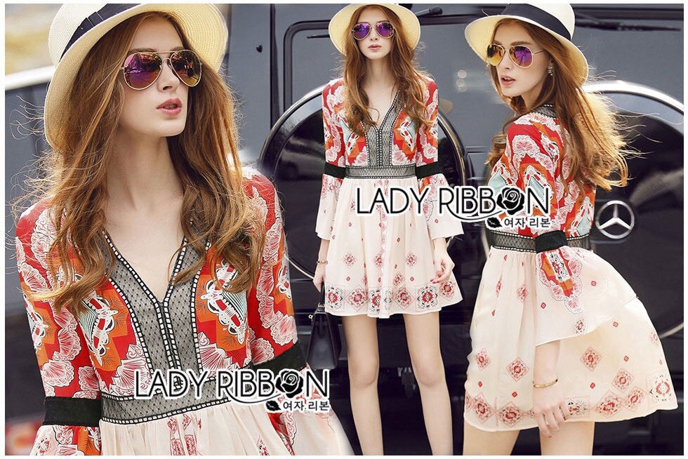 Lady Ribbon ขายส่ง LR16260516 🎀 Lady Ribbon's Made 🎀 Lady Elle Vintage Printed Dress with Black Lace