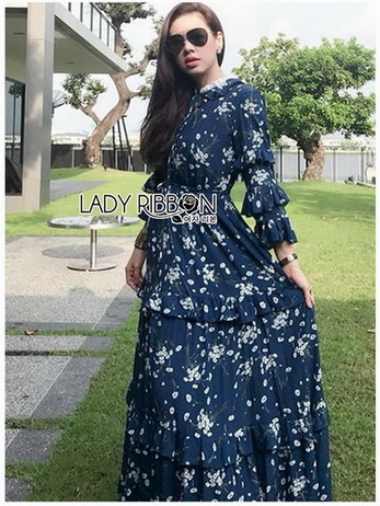 เดรสยาวผ้าชีฟองสีน้ำเงิน