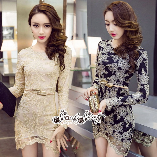 มินิเดรสสวยหรูดูไฮคลาสเดรสทองดำทรงแขนยาว