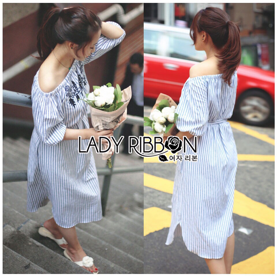 Lady Ribbon Online เสื้อผ้า ออนไลน์ LR06130616 🎀 Lady Ribbon's Made 🎀 Lady Maria Summer Casual Floral Embroidered Off-Shoulder Blue&White Striped Dress