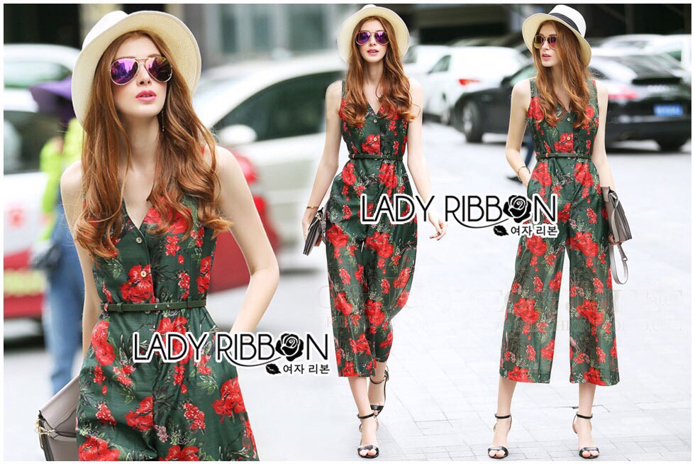 เสื้อผ้า : Lady Ribbon LR09190516 🎀 Lady Ribbon's Made 🎀 Lady Emily Red Flower Printed Jumpsuit with Black leather Belt
