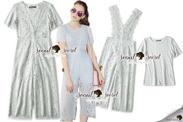 Lady Ribbon Online ขายส่งเสื้อผ้าออนไลน์ของแท้ SS12070716 Seoul Secret Say's... Pale Gray Blue Strippy Blouse Bibby Lace Set
