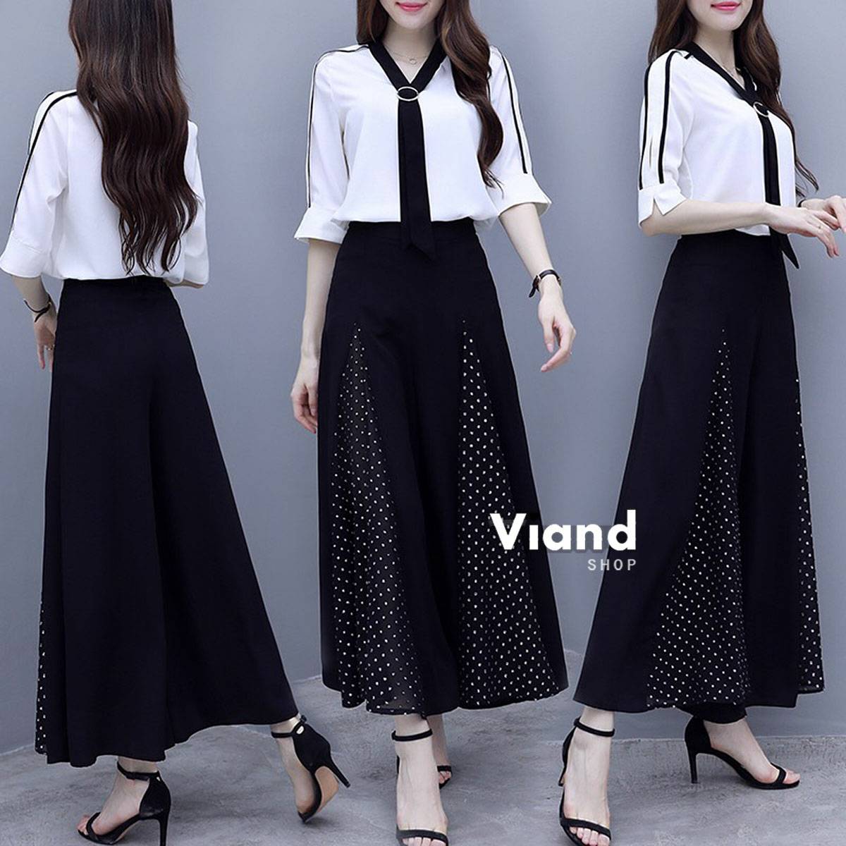 เสื้อทรงใส่สบายแต่งเนกไทแต่งแถบสีทูโทน+กางเกง