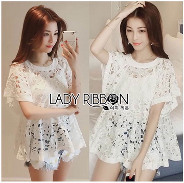 Lady Ribbon Online ขายส่งเสื้อผ้าออนไลน์ ขายส่งของแท้พร้อมส่ง Lady Ribbon LR15250716 🎀 Lady Ribbon's Made 🎀 Lady Romy Romantic White Guipure Lace and Cotton Top