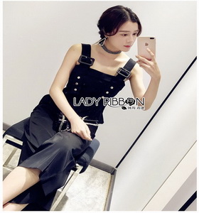 Lady Ribbon Yves Studded Belt-Strap Black Crepe Jumpsuit